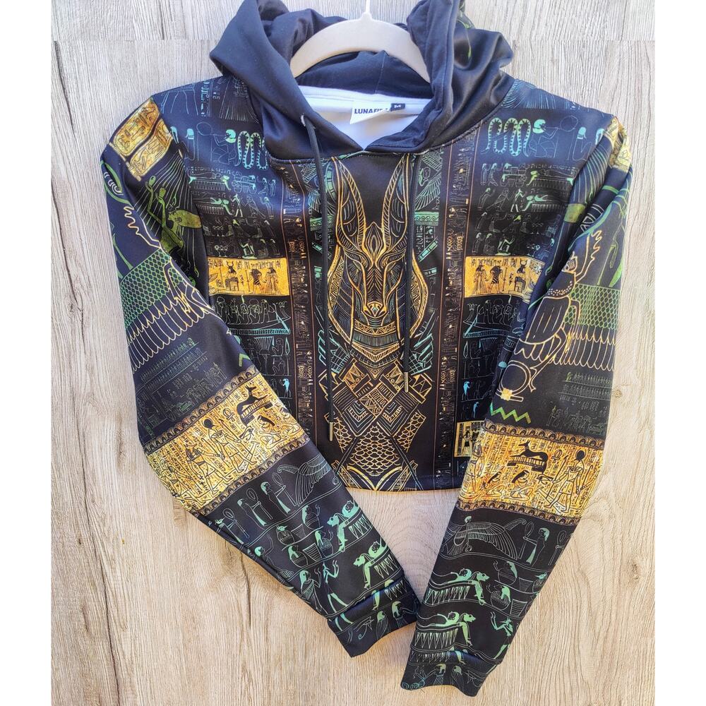 Anubis Ancient‎ Egyptian Hieroglyphic Crop Hoodie Rave Festival Egyptcore Wear M